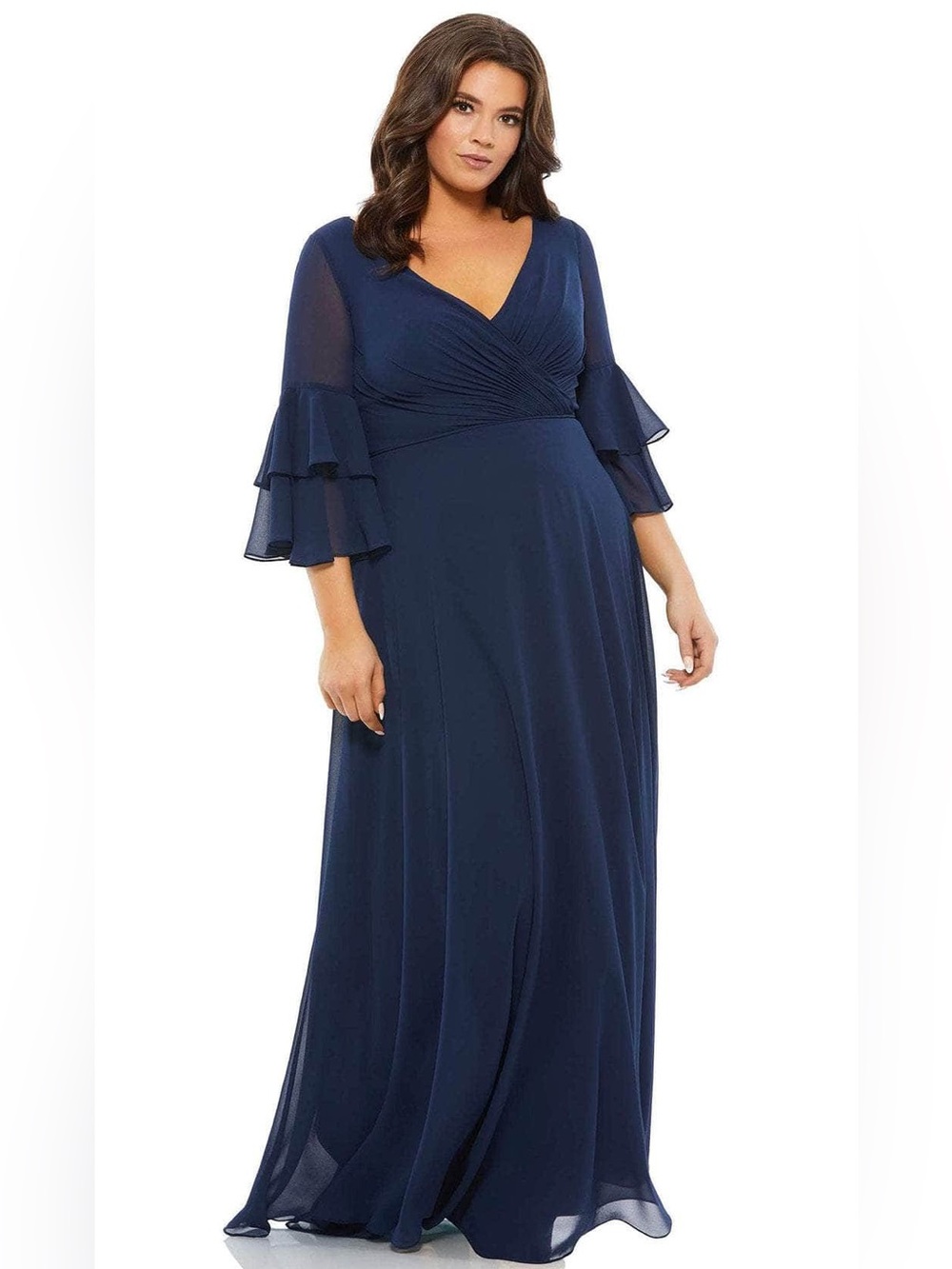 Mac Duggal Size 14W Navy 67913 Long Sleeve V-Neck Chiffon A-Line Gown Dress NWT